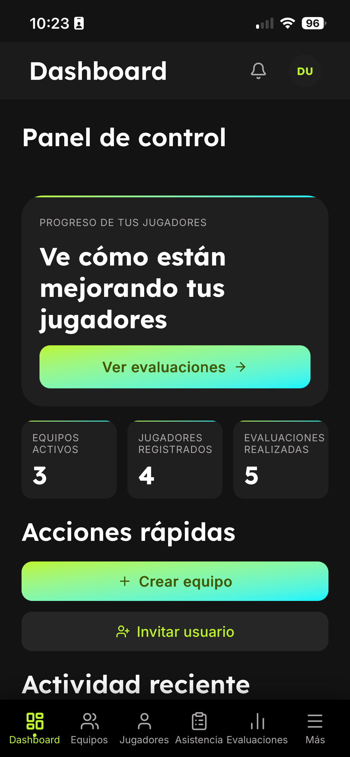 Dashboard de Cancha360 — panel de control de academia deportiva